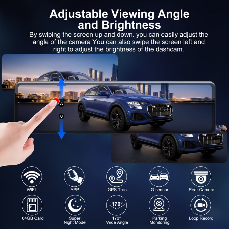 Dashcam – rétroviseur pour voiture avec écran tactile de 12 pouces, 4K, avant et arrière 1296P, double objectif, caméra GPS, Vision nocturne, enregistreur vidéo automatique