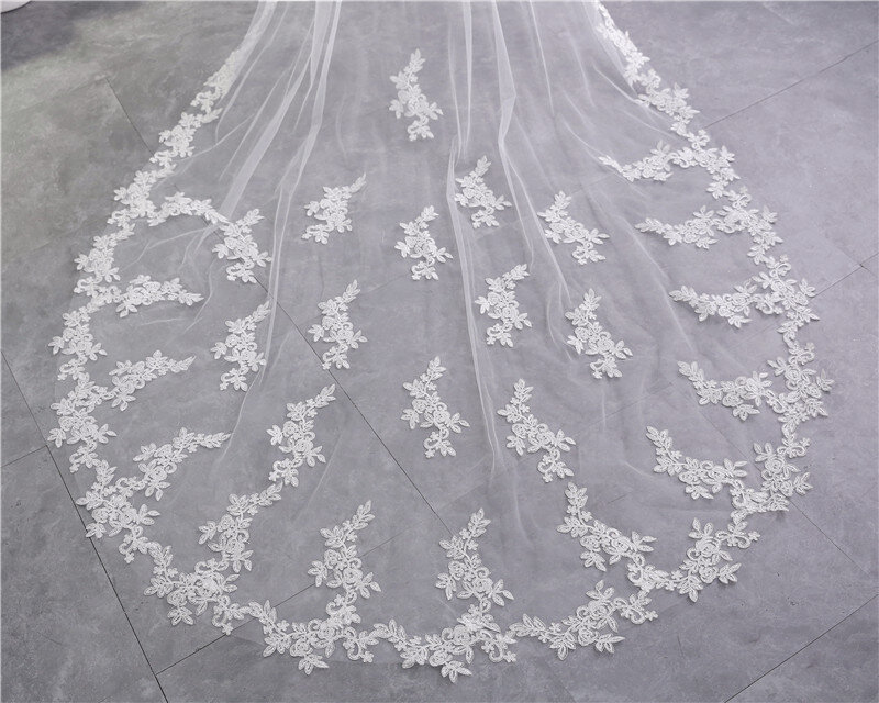 NZUK صور حقيقية 3 متر طويل كامل حافة الدانتيل طرحة زفاف طبقتين فيلوس دي نوفيا catedral تول الحجاب الزفاف مع مشط