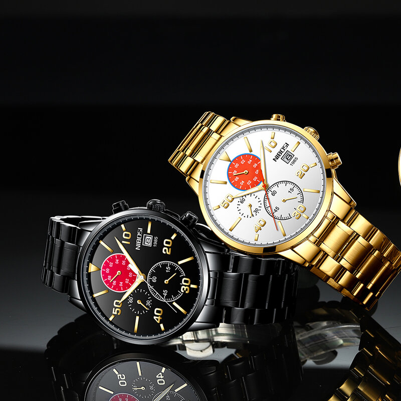 NIBOSI ساعات رجالية سلسلة الشمس الرياضة ساعة كوارتز رجل الأعمال Waches الرجال موضة كرونوغراف ساعة اليد الفولاذ المقاوم للصدأ حزام