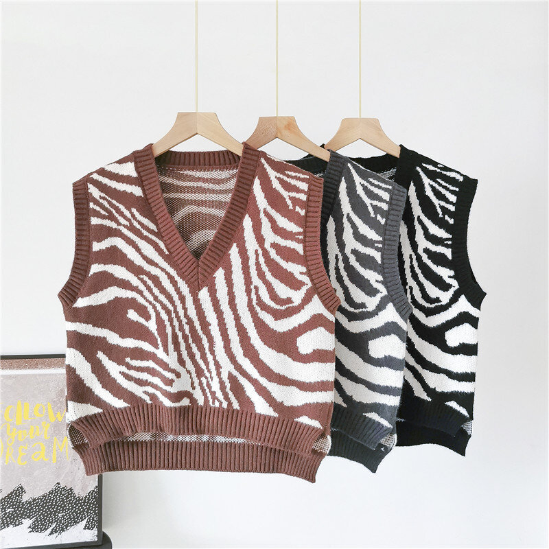 BEAUTANA Knitted Vest for Women 2021 Autumn Zebra Striped V Neck Sleeveless Pullover Sweater Chic Knitting Yarn Ribbed Tank Top