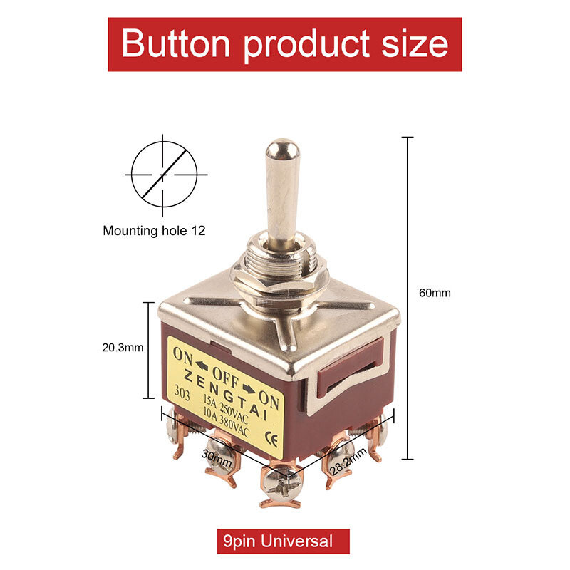 1pcs 3PDT ON-ON /ON-OFF-ON 9/12Pin 2/3 Postion  Screw Terminals Toggle Switch AC 15A250V 10A380V E-TEN 303