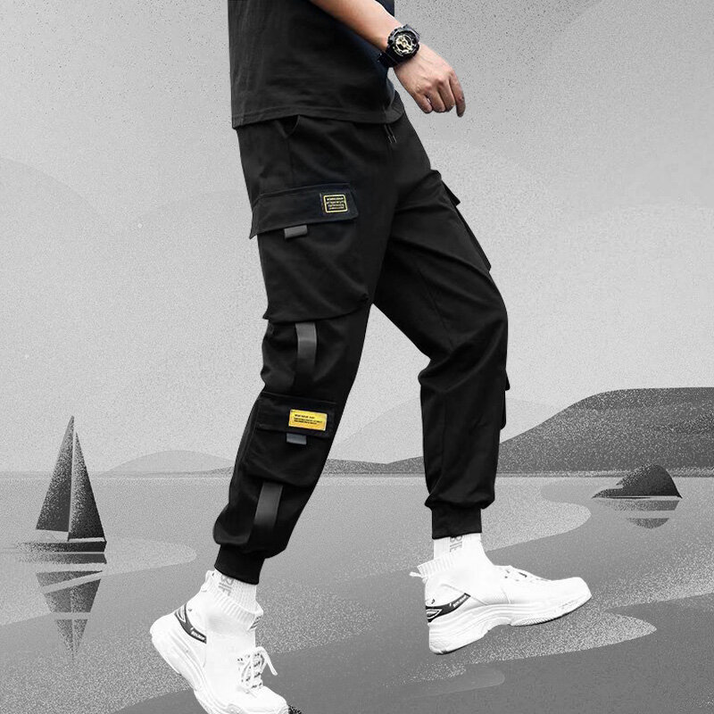 Calça harém masculina com bolsos laterais, calça fita preta para corrida, hip hop, casual, moda de rua, 2021