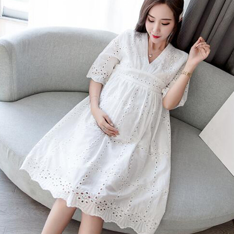 Delicate Hollow Out White Maternity Dresses Breast Feeding Dress Maternity Clothings Pregnant Women Loose Pregnancy Clothes
