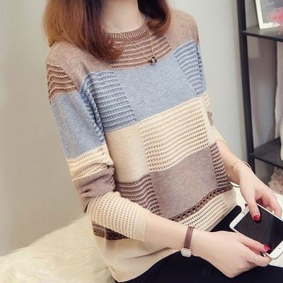 Suéter de punto liso con cuello redondo para mujer, Jersey informal de manga larga a rayas, holgado, de retales, para invierno y otoño
