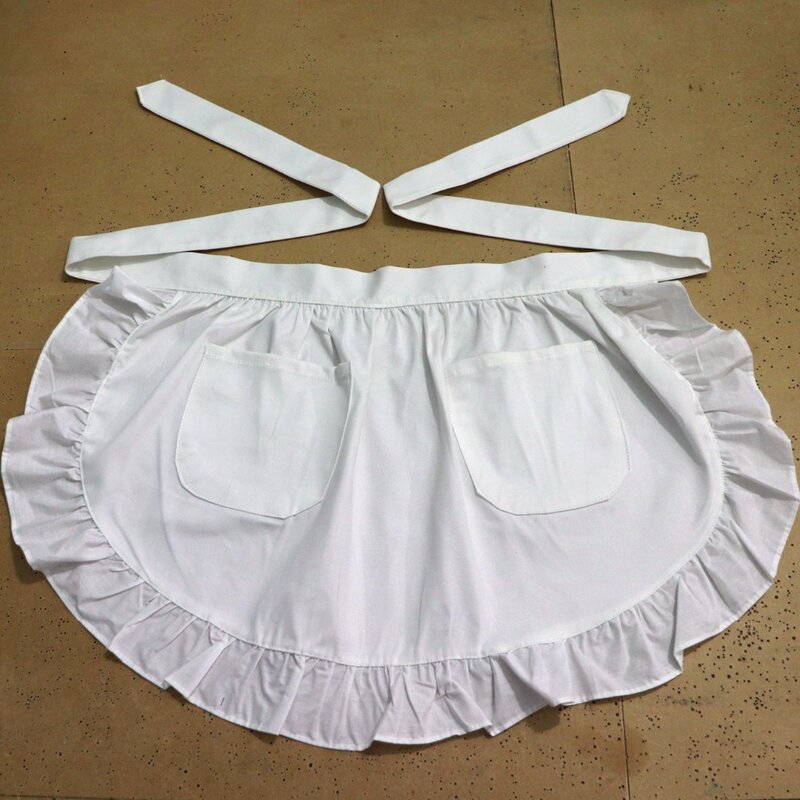 Avental de algodão branco com meia cintura, avental de cozinha feminino com bolsos ba013