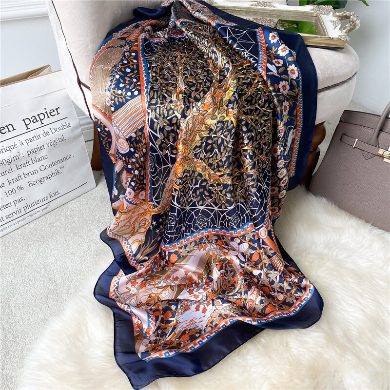 Luksusowa marka jedwabny kwadratowy szalik kobiety 2021 nowy kwiecisty nadruk Kerchie pałąk hidżab Wrap Turban muzułmański szal chustka 90cm * 90cm