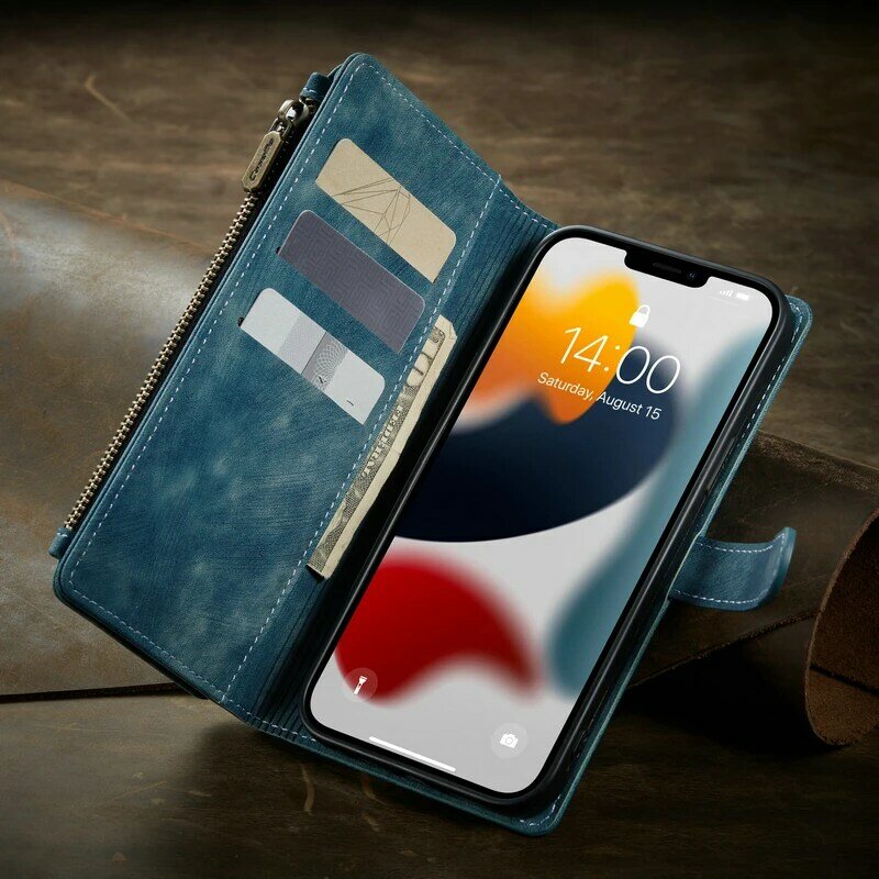 CaseMe – étui portefeuille en cuir avec fermeture éclair et fente pour carte, pour iPhone 12 Min Xs Xr Xs Max 7 8 6S Plus 10 12 Pro
