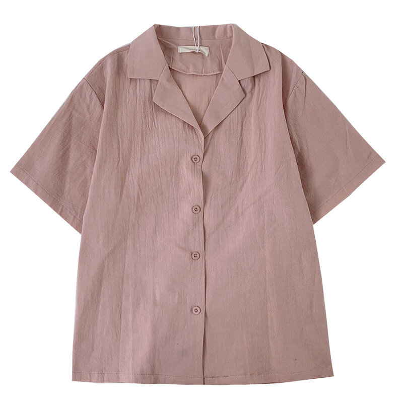 Rena Vintage Texture 일본 신선한 옷깃 브레스트 여름 솔리드 컬러 루즈 슬리밍 및 올 매칭 반소매 셔츠