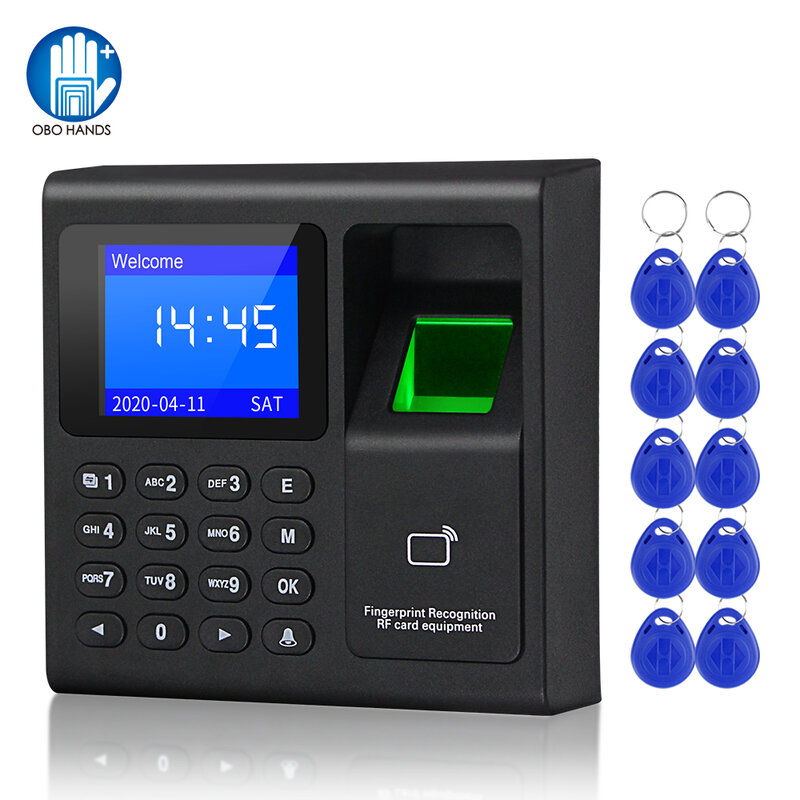 Biometryczny czytnik linii papilarnych RFID klawiatura kontroli dostępu System elektroniczny zegar USB rejestrator maszyna obsługująca + 10 pilotów