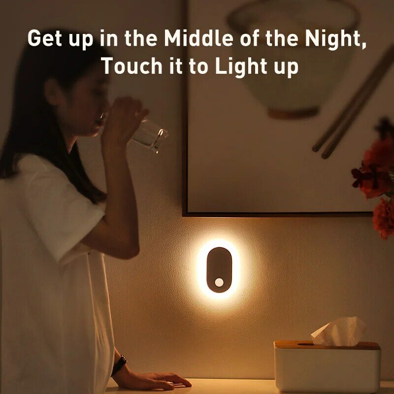 Baseus lâmpada noturna de led, sensor de movimento pir recarregável por usb, lâmpada de cabeceira para parede de casa inteligente para armário de armário de cozinha