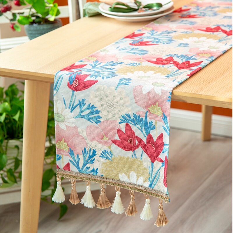 DUNXDECO-camino de mesa con borlas, cubierta de mesa larga para fiesta, tela fresca de estilo del país americano, decoración de escritorio con estampado de Flora de jardín