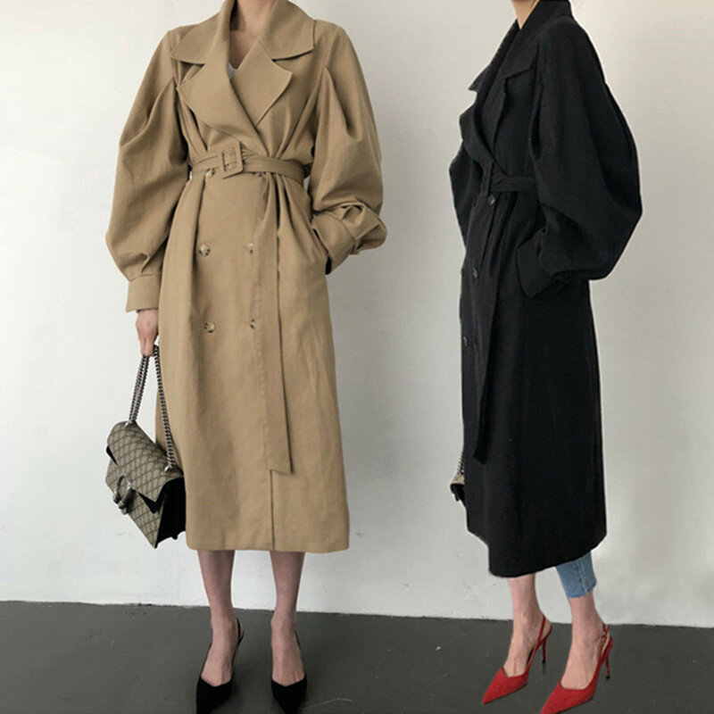 Elegante Frauen Graben Mantel 2021 Neue Herbst Doppel Breated Oversize Langen Mantel Dame Korean Street Outwear Runway Windjacke