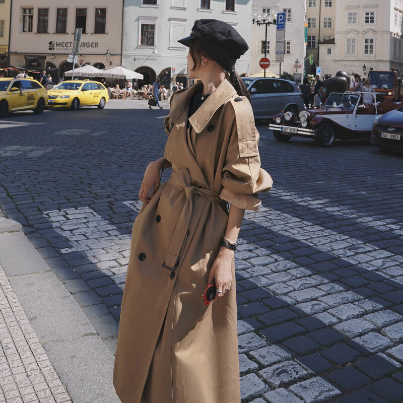 Trench-Coat surdimensionné à Double boutonnage pour femme, manteau Long avec ceinture, Style coréen, coupe-vent, cape de bureau, printemps automne