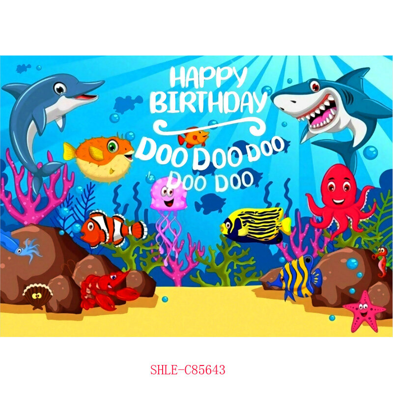 Fondo de tiburón de dibujos animados para niños, telón de fondo con temática de cumpleaños, decoración para fiesta de bebé, 210521-66