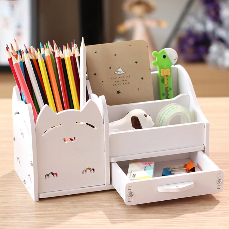 Decorative Pen Holder 3 Compartments with Sliding Drawer Cosmetics Storage Box