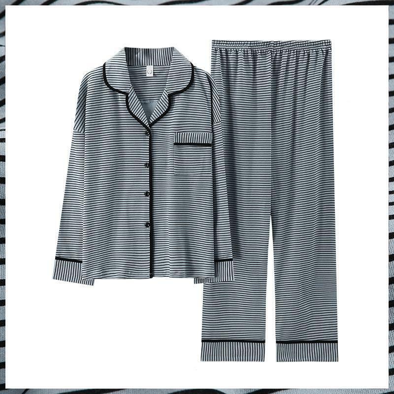 Gestreepte Vrouwen Button Pyjama Suits 2 Stuks Volledige Mouw Pyjama Vest V-hals Nachtkleding Klassieke Elastische Taille Nachtkleding Homewear