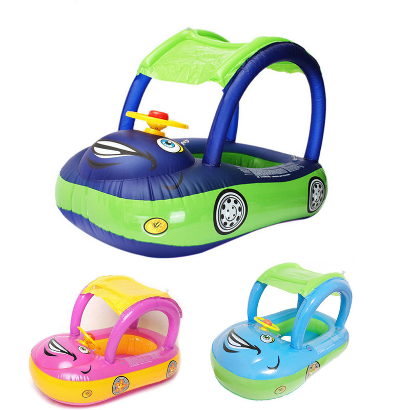 Anel de natação do bebê barco criança crianças assento inflável flutuante verão dos desenhos animados carro toldo toldo segurança volante brinquedo