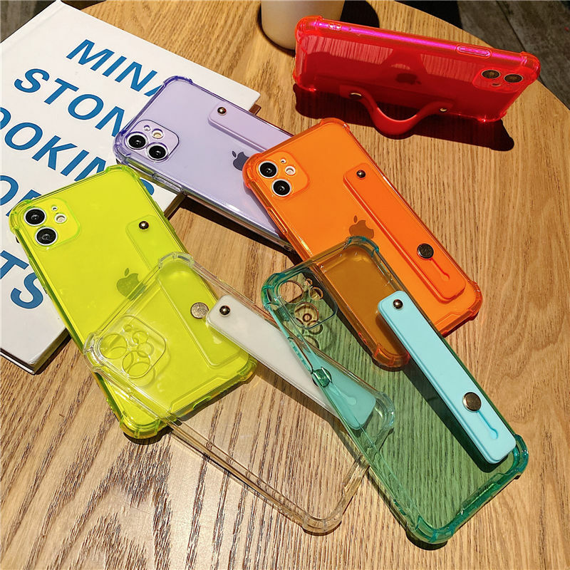 Funda de teléfono transparente con correa para la muñeca, carcasa trasera suave de Color fluorescente para iPhone 11, 13, 11Pro Max, XR, XS Max, X, 7 Plus, 13, 12 Pro, 14