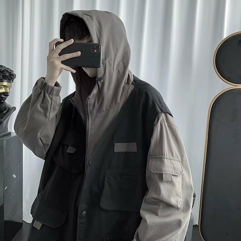สินค้าผู้ชาย Hip Hop Streetwear Hooded Jacket ปลอมสองผ้าฝ้ายเกาหลีฤดูใบไม้ร่วงเสื้อผ้าฤดูใบไม้ผลิ Windbreakers เสื้อแ...