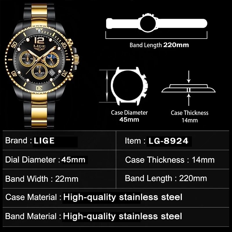 Часы наручные LIGE мужские спортивные, повседневные Роскошные брендовые водонепроницаемые светящиеся, из нержавеющей стали, 2021