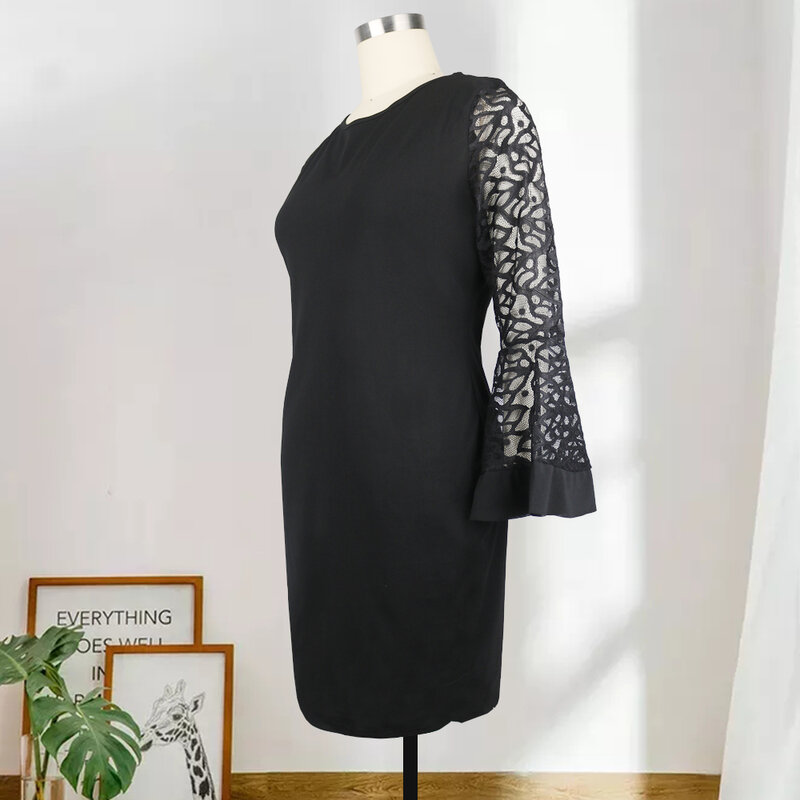 Women Plus Size O Neck Dresses Flare Long Sleeve Lace Black Patchwork Bodycon Office Lady Eveing Birthday Party Robes 4XL 5XL