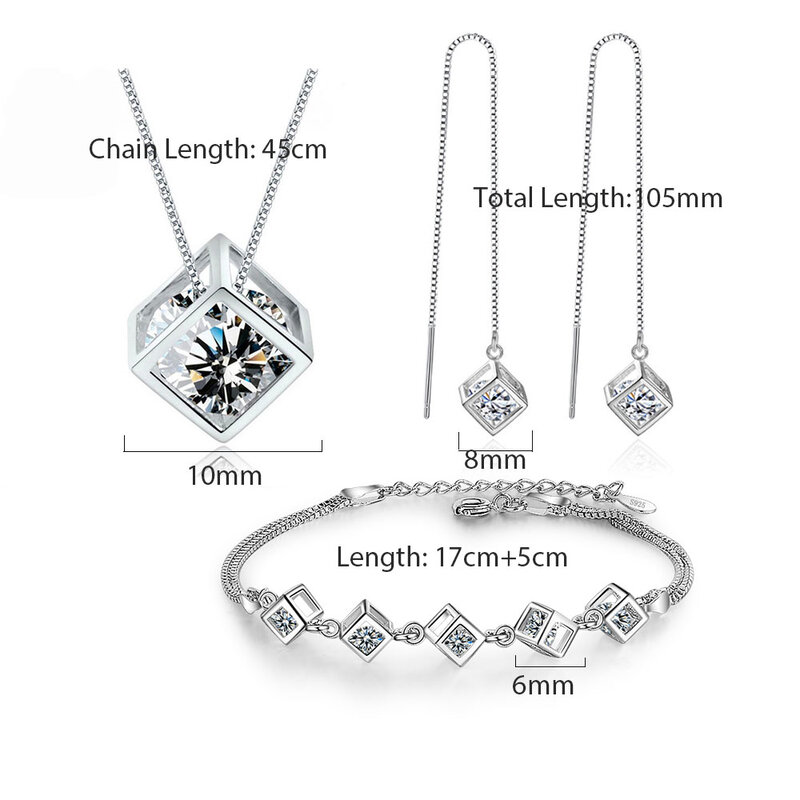 ANENJERY kolor srebrny luksusowe błyszczące kostka sześcienna naszyjnik kolczyki bransoletka dla kobiet prezent cyrkon prezent na rocznicę
