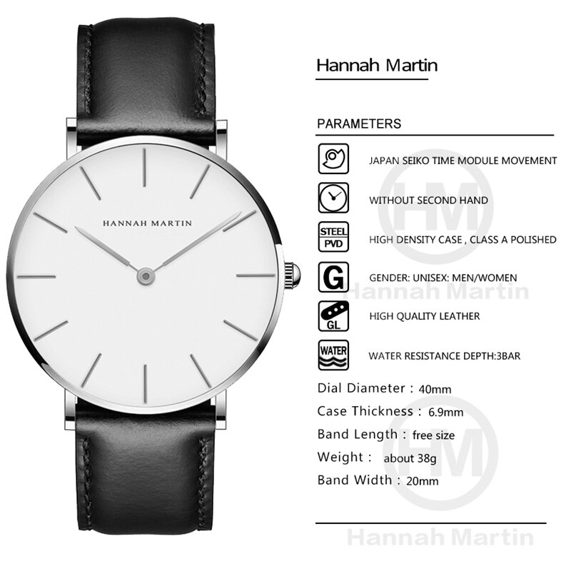 Relojes informales para hombre, pulsera de cuarzo con correa de cuero, resistente al agua, plateado, negro