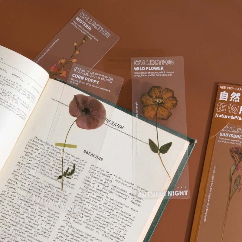 5pcs Nature Plants Bookmarks PET Translucent Flower Book Note Marker Page Holder Stationery Office School Student Reading Gifts