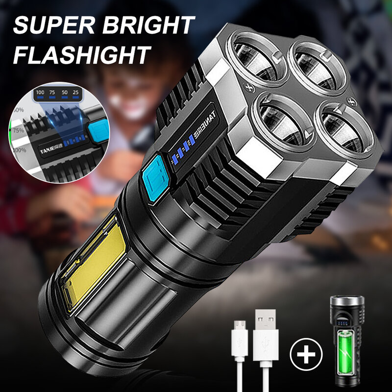 Senter LED Super Kuat Obor Taktis Lampu Tahan Air Isi Ulang USB Lentera Ultra Terang Berkemah 4 Chip Inti