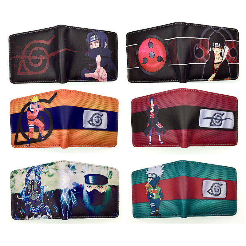 Cartera de Naruto para hombre, cartera Sasuke de Anime Kakashi, tarjetero de PU, bolso de mano corto para estudiante, monedero con impresión de dibujos animados