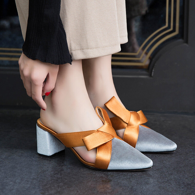 New 2020 summer Women bowknot Slippers outside Ladies elegant Pointed Toe High heels Fashion Female dress party Shoes mujer