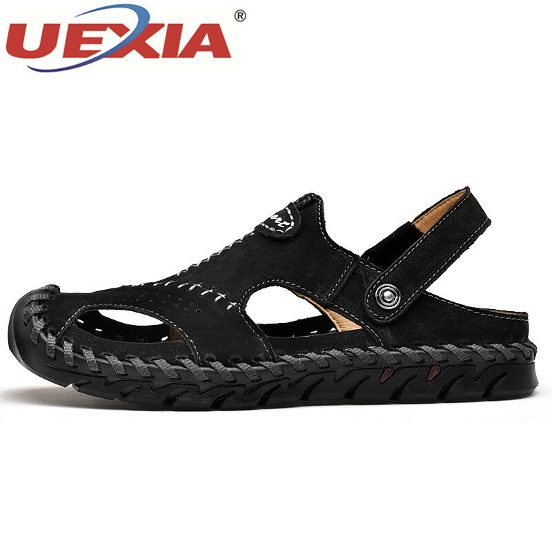 Sandálias masculinas de couro tamanho grande 38-48, chinelos casuais de praia de alta qualidade para o ar livre com sapatos de praia romanos feitos à mão