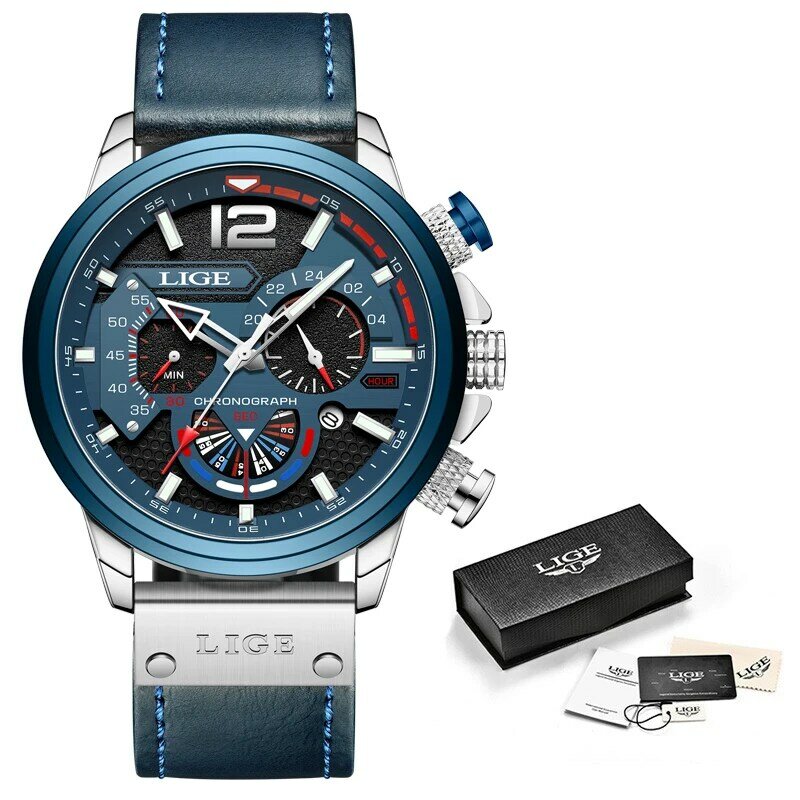 Часы наручные LIGE мужские с хронографом, спортивные брендовые Роскошные водонепроницаемые в стиле милитари, с кожаным ремешком, синие, 2022