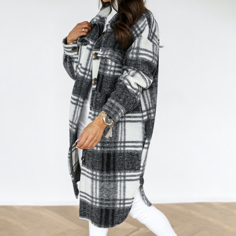 2021 Winter Überprüft Frauen Jacke Drehen Unten Mantel Warm Plaid Lange Mantel Übergroßen Dicken Woll Blends Weibliche Streetwear