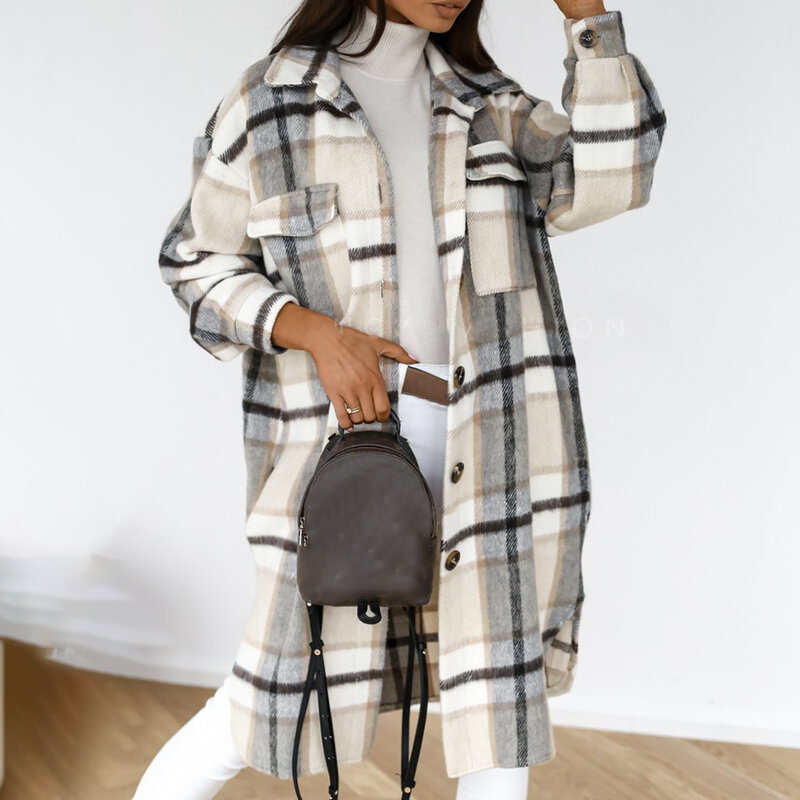 2021 겨울 체크 여성 웜 자켓 다운 오버 코트 한국 체크 무늬 롱 코트 오버 사이즈 두꺼운 모직 블랜드 레트로 여성 Streetwear