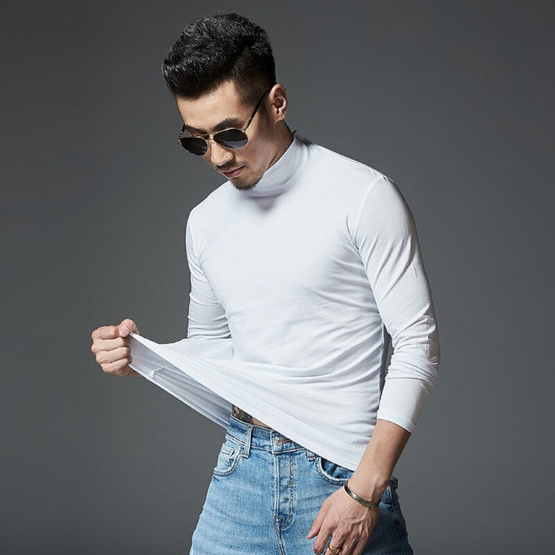 T Shirt Turtleneck Warna Solid Pria Baru 2020 T Shirt Lengan Panjang Slim Fit Atasan T Shirt Pria Abu-abu Putih Hitam S-2XL