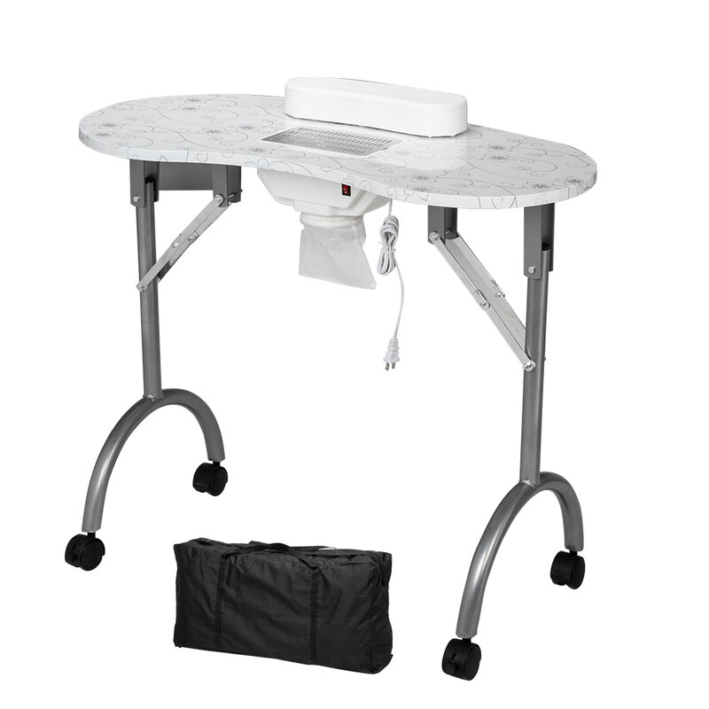 Mesa portátil para manicure, mesa de estação portátil para salão de beleza, spa, equipamento de mobília, com coletor de poeira, almofada, ventilador preto
