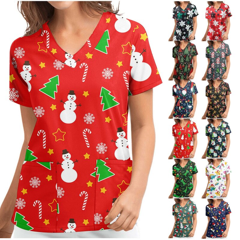 Hillsionly Plus Size Christmas Women Short Sleeve V-neck Tops Working Nurse Uniform Christmas Thanksgiving Рубашка Женская 2022