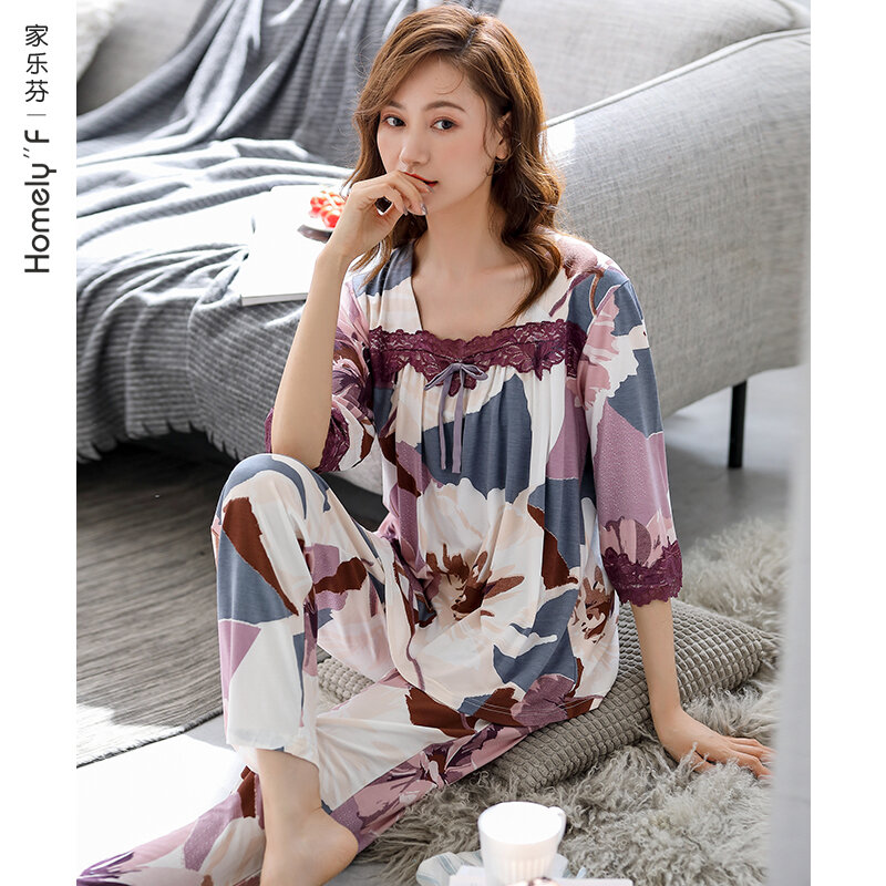 Pyjama en soie de coton Modal à manches longues pour femme, pyjama fin, manches courtes, printemps, été, mère d'âge moyen, automne