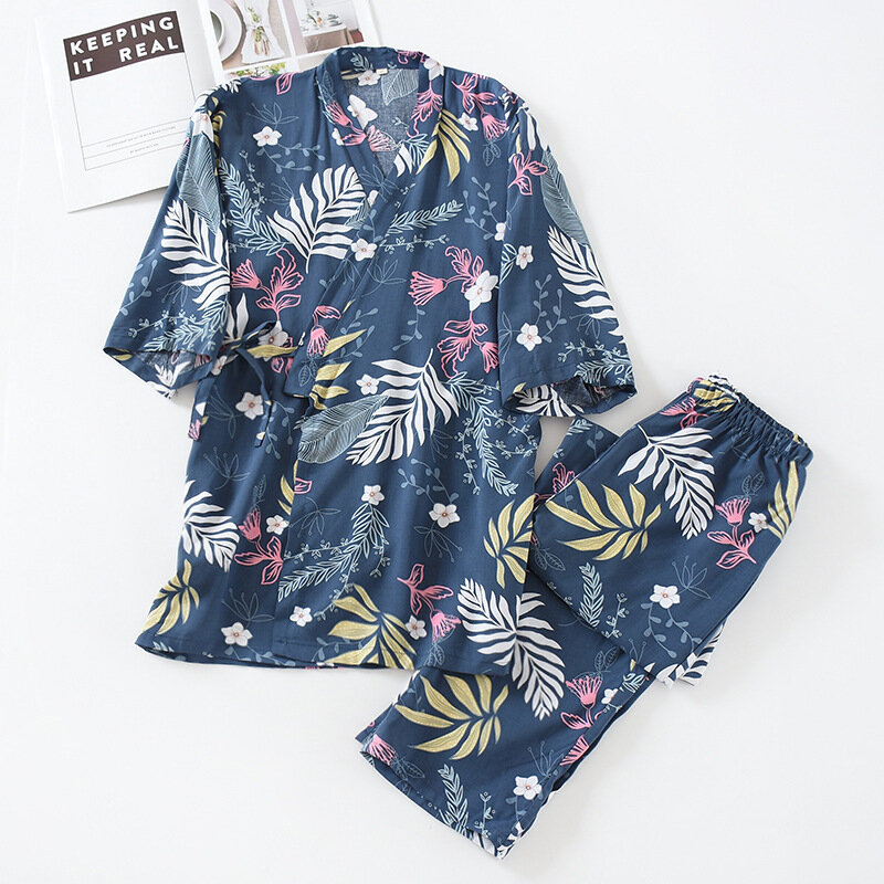 Damska Kimono zestaw piżam dekolt w serek z krótkim rękawem kwiatowy piżamy japoński drukowane bawełna bielizna nocna lato 2-sztuka cienkie Homewear garnitur