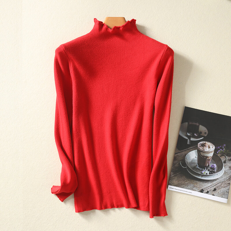 Temperament Slim solidny kolor sweter damski jesienno-zimowy 21 nowy długi rękaw grzyb pulower z okrągłym dekoltem dzianina długa koszula