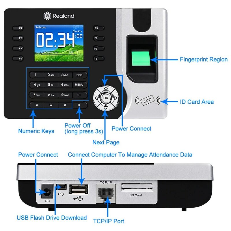 Realand Biometric TCP/IP ลายนิ้วมือเครื่อง RFID พนักงานตรวจสอบเครื่องบันทึก USB สำหรับสำนักงานซอฟต์แวร์ฟรี DC12V