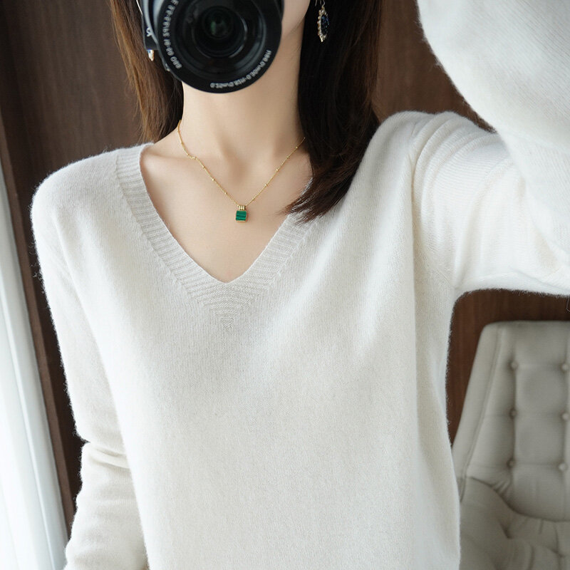 Sweter Hangat Leher-v Wanita untuk Musim Gugur/Dingin Musim Semi Baru Sweter Tanpa Kancing Kasmir Mode Korea Atasan Longgar Lengan Panjang Kasual