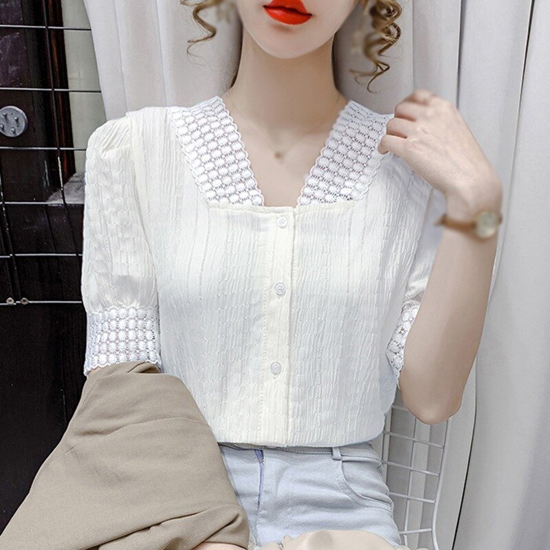EFINNY Women Blouses V-neck Blouses Femme Spring Autumn Tops Half Puff Sleeve with Lace casual Tops Plus Size Women Clothing