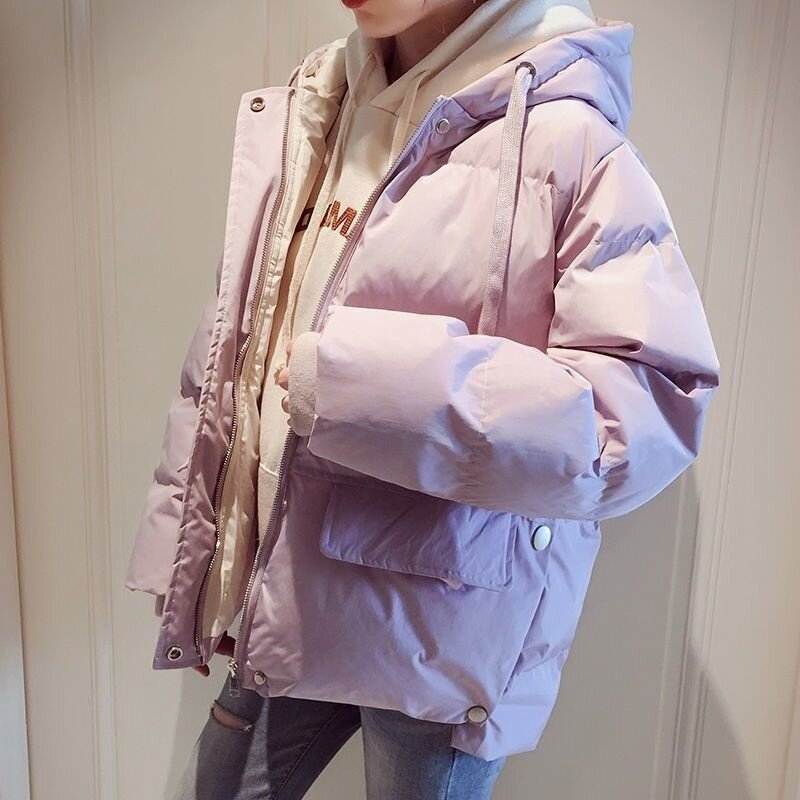 Đệm Bông Ép Mùa Đông Ấm Ngắn Thời Trang Nữ Tuyết Jakets Cho Mùa Đông Hàn Quốc Rời Sinh Viên Xanh Dương Crop Phối Áo Khoác Ngoài