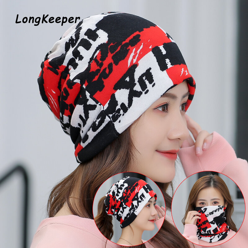 Gorros de chapéu quentes para mulheres, coreanos primavera outono inverno 4 use cachecol gorro de malha chapéu estampado quadril gorros para meninas