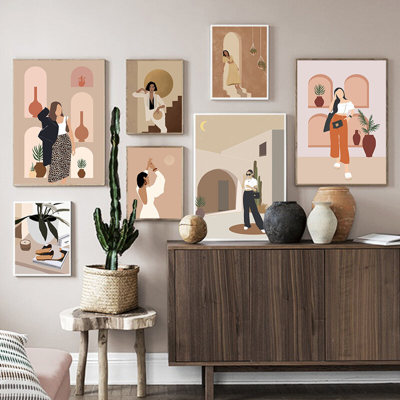 Boho abstracto moda mulher escadas fotos da arte da parede pintura em tela nordic impressão cartazes retro imagem para sala de estar decoração casa