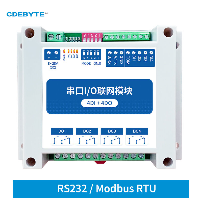 ModBus RTU szeregowy moduł IO interfejs RS232 4DI + 4DO 4 wyjścia cyfrowe instalacja szynowa 8 ~ 28VDC CDEBYTE MA02-AXCX4040