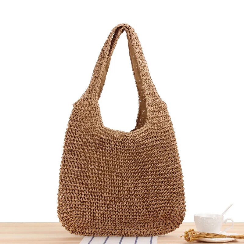 Hand Woven Freizeit Große Kapazität Schulter Strand Stroh Tasche