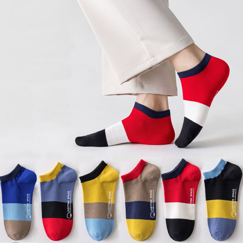 5 Pairs High Quality Men Ankle Socks Breathable Cotton Short Casual Low Tube White Sock Stripe High Heel Anti-wear Sports